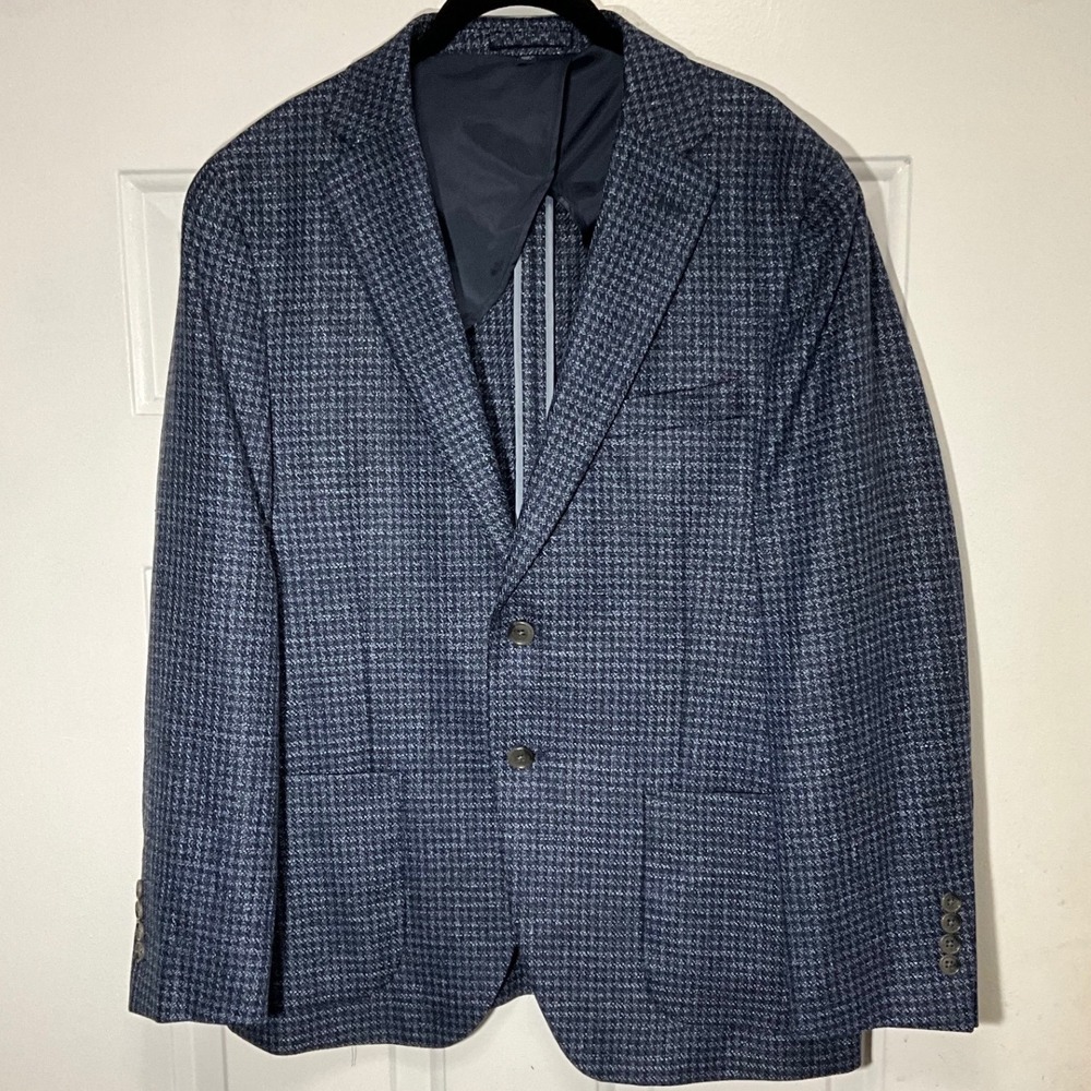 Jos. A. Bank Slim Fit Sport Coat 42 Short Blue Linen Cotton Houndstooth Blazer